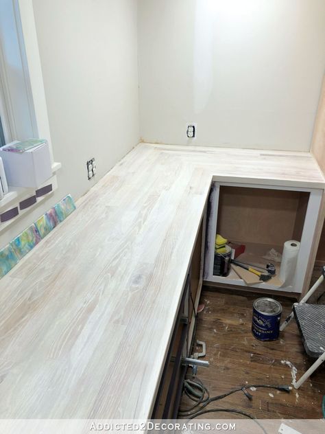 Whitewash Butcher Block Countertops, Oak Butcher Block Countertops, Plywood Countertop, Diy Wood Countertops, Red Oak Hardwood Floors, Red Oak Hardwood, Kitchen Bench, Bleached Wood, Diy Kitchen Renovation