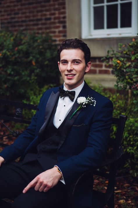 Navy blue tux with black lapels, black vest. Navy Blue Tuxedo Prom, Dark Blue Suit With Black Lapel, Black Tux With Navy Blue Vest, Velvet Navy Blue Suit, Blue Tux With Black Lapel, Black Tux Blue Vest, Navy Wedding Tux Groom, Dark Blue Velvet Suit Men, Black And Navy Blue Suit