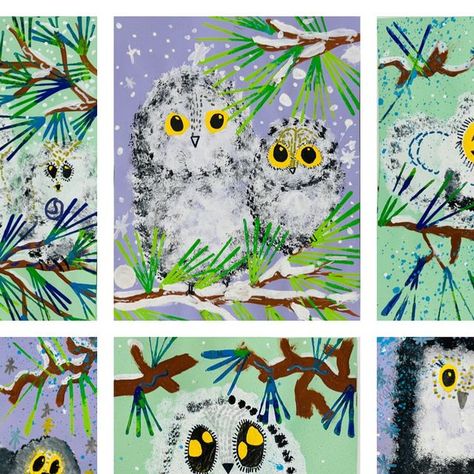 1st Grade Art Projects Winter, Animal Kids Crafts, Winter Artwork For Kids, Winter Themed Art Projects, Winter Art Lessons Elementary, Winter Art Kids, Owl Art Projects For Kids, Winter Art For Kids, Christmas Art Projects For Kids