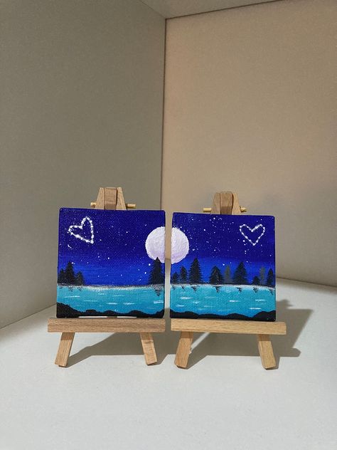 Cute Date Painting Ideas, Couple Paints Ideas, Matching Couple Painting Ideas, Painting Ideas For Significant Other, Friend Paintings Together, Mini Couple Painting, Painting Idea With Friends, Easy Painting Ideas On Canvas For Couple, Matching Mini Canvas Art