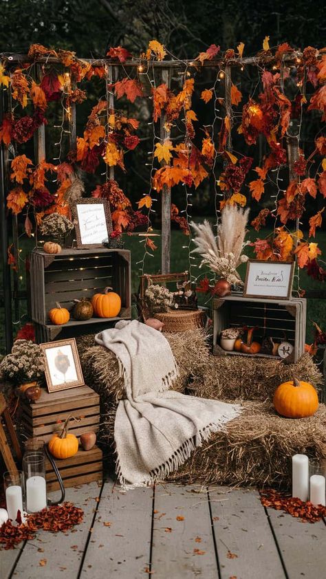 Fall Wedding Drapery, Fall Wedding Entry Table, October Wedding Photo Backdrop, Fall Photobooth Idea, Fall Outdoor Reception Ideas, Fall Boho Picnic, Fall Theme Photo Backdrop, Fall Ball Dance Decorations, Fall Party Backdrop Ideas