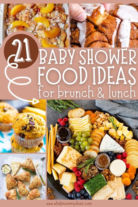 21 Baby Shower Food Ideas {Brunch and Lunch!} - What Mommy Does Lunch Shower Food, Brunch Sprinkle Ideas, Baby Shower Food Decorations, Brunch Food Baby Shower Ideas, Sprinkle Shower Food Ideas, Lunch Baby Shower Ideas, Baby Shower Luncheon Ideas, Shower Foods Baby, Breakfast Shower Ideas