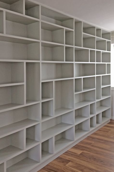 Staggered Bookcase | Crossling Furniture Office Wall Bookshelves, Painted Bookshelf Wall, Diy Built In Shelves Living Room, Staggered Bookshelves, Bookshelf Tall Ceiling, Diy Bookcase Wall, Bookcase Wall Living Room, Double Height Bookshelf, Diy Whole Wall Bookshelf