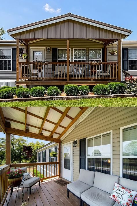 Diy Mobile Home Patio, Diy Front Porch Ideas Building, Front Porch For Manufactured Home, Manufactured Home Front Porch Ideas, Front Porch Deck Ideas Mobile Homes, Trailer Front Porch Ideas, Mobile Home Color Exterior Ideas, Front Porch For Mobile Home, Manufactured Home Front Porch