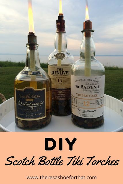 DIY Scotch Bottle Tiki Torches - The perfect way to up-cycle your empty glass bottles Bourbon Bottle Crafts, Bottle Tiki Torch Diy, Bourbon Decor, Tiki Torches Diy, Back Yard Oasis, Whiskey Bottle Crafts, Torches Diy, Bottle Torch, Water Succulents