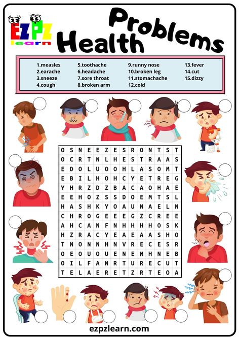 Health Problems Word Search 2 - Ezpzlearn.com Game Worksheet, Kids Word Search, Free Printable Word Searches, Materi Bahasa Inggris, English Activities For Kids, English Games, English Worksheets For Kids, Kids English, Aktivitas Montessori