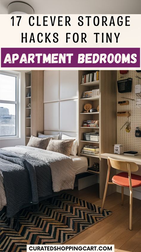 Transform your tiny apartment bedroom with clever storage hacks. Use vertical shelving, over-the-door organizers, and storage headboards to create a functional and stylish space. Say goodbye to clutter with these innovative solutions!  tiny bedroom storage, organizing tips, Small apartment storage hacks, bedroom organization, space-saving tips, small apartment, Storage hacks, Bedroom storage Ideas, Bedroom Decor Inspiration, Bedroom Ideas,Organization,Bedroom Organization,Home Organization Ideas Small Bedroom Ideas For Renters, Creative Clothing Storage Space Saving, Vertical Storage Bedroom, Storage Ideas For Tiny Bedrooms, Above Dresser Storage Ideas, Small Apartment Storage Solutions Closet, Vertical Space Ideas Bedroom, Studio Hacks Small Apartments, Organizing Small Spaces Apartment Living