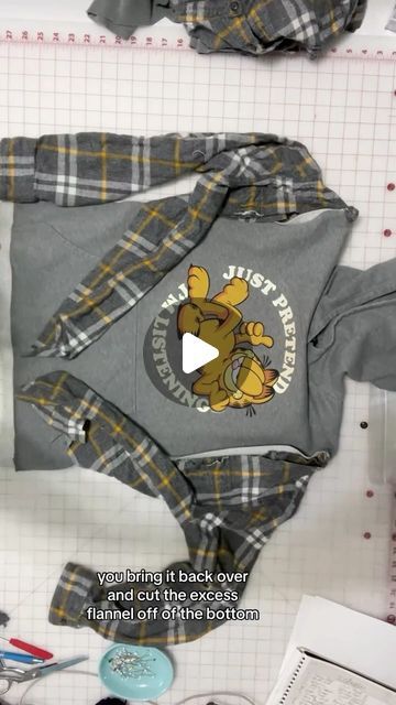 Madi Mac Fashions on Instagram: "Do you have a t-shirt￼ that's too small but you love the graphic?? Take the graphic off and turn it into a sweatshirt! Add some flannel sleeves for an extra special one-of-a-kind look! #sweatshirt #upcycling #tshirt #sewing" Restyled T Shirts, Fashion Remakes Upcycled Clothing, Patches On Tshirt Ideas, Flannel T Shirt Diy, Too Small Sweatshirt Refashion, Reuse Old Tshirt, Applique On Flannel Shirt, Sweatshirt Diy Upcycling, Sweatshirt Into Cardigan Diy