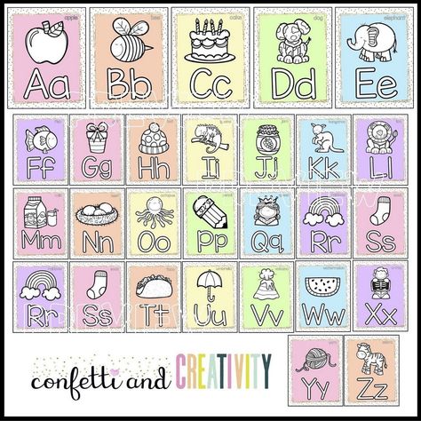 Educational Posters for Kids: A Journey to Discovery Pastel Alphabet Letters, Classroom Alphabet Display, Pastel Classroom Theme, Educational Posters For Kids, Pastel Classroom Decor, Classroom Vibes, Baby Handprint Art, Baby Handprint Crafts, Classroom Alphabet