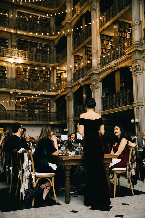 Dark Library Wedding, Wedding In A Bookstore, Dark Academia Wedding Bridesmaids, Winter Library Wedding, Bookstore Wedding Reception, Cbk Wedding, Wedding In A Library, George Peabody Library Wedding, Peabody Library Wedding