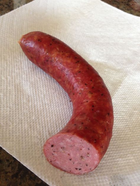 I set out to re-create the beef sausages made in the famous Lockhart, TX BBQ establishments like... Smoked German Sausage Recipes, Kelbosia Sausage, Beef Sausage Recipes, Curing Meat, Cured Meat Recipes, Sausage Making Recipes, Home Made Sausage, Homemade Sausage Recipes, Smoked Sausage Recipes