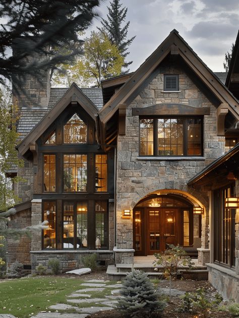 25 Rustic Home Exterior Ideas for Curb Appeal Stone House Big Windows, Exterior House Design Stone, Round Stone Exterior Houses, Woody House Exterior, Brick Stone And Wood Home Exterior, Mountain View Home Dream Houses, Stone And Cedar House Exterior, Dark Wood And Stone House Exterior, Reclaimed Wood Home Exterior