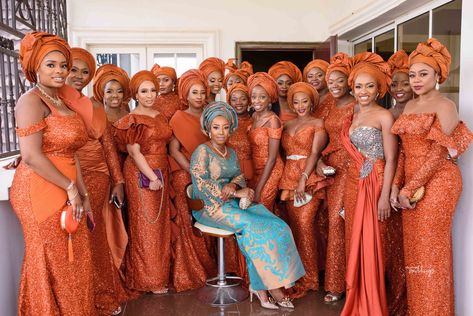 Simi Was Beyond Breathtaking in her 5 Wedding Outfits Burnt Orange Asoebi, Orange Asoebi, Nigerian Bridesmaid Dresses, Nigerian Wedding Dresses Traditional, Nigerian Wedding Dress, African Bridesmaid Dresses, African Wedding Attire, Traditional Wedding Attire, African Wedding Dress