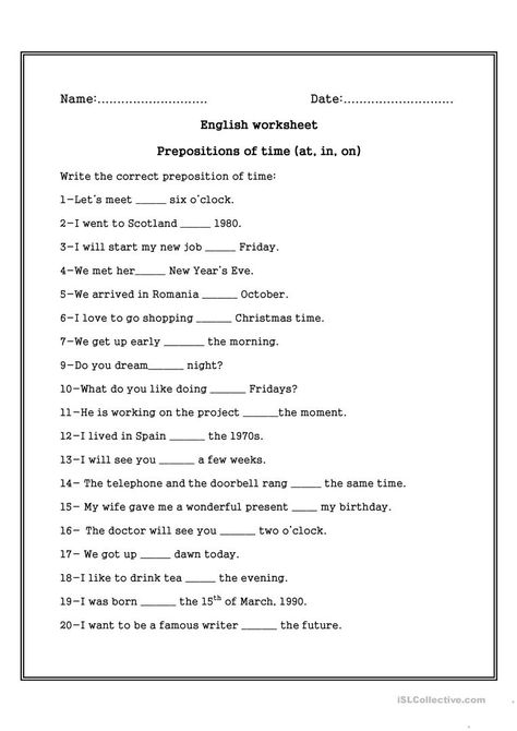 Prepositions of time ( on , in , at) - English ESL Worksheets for distance learning and physical classrooms Teaching Prepositions, Preposition Worksheets, English Prepositions, Elementary Worksheets, English Grammar Exercises, Prepositional Phrases, Grammar Exercises, English Worksheet, Spelling Worksheets