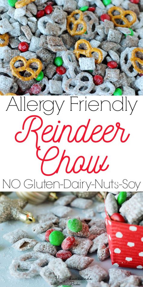 Allergy Friendly Christmas Treats, Dairy Free Christmas Treats, Gluten Free Puppy Chow, Gluten Free Christmas Treats, Christmas Snack Mix, Reindeer Chow, Nut Free Desserts, Chex Mix Christmas, Nut Free Snacks