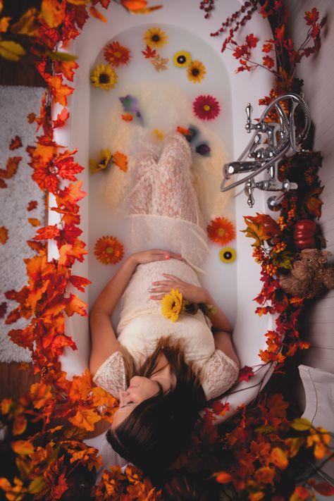 Fall Milk Bath, Fall Maternity Shoot, Maternity Photography Fall, Fall Maternity Pictures, Milk Bath Photos, Fall Baby Pictures, Bath Pictures, Fall Maternity Photos, Autumn Photoshoot