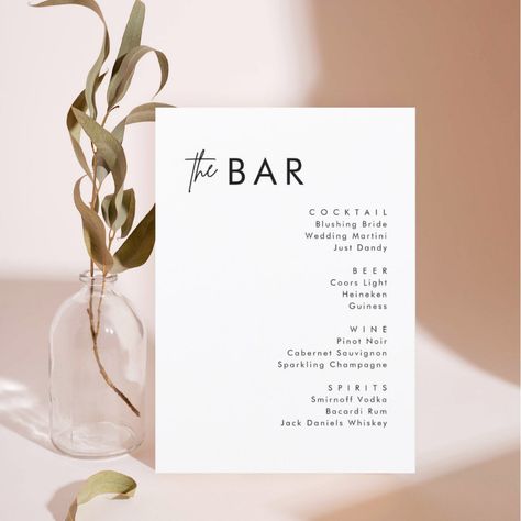 Minimalist Black Wedding, Modern Wedding Bar, Alcohol Wedding, Menu Minimalist, Simple Wedding Menu, Wedding Drink Bar, Minimalist Modern Wedding, Wedding Table Menus, Wedding Drink Menu