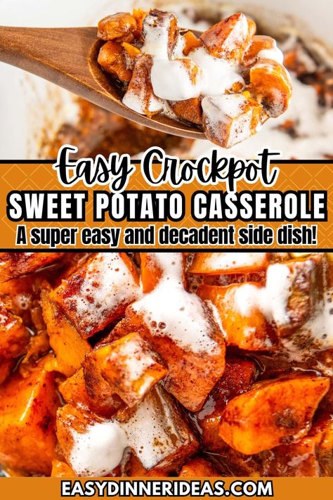 This easy crockpot sweet potato casserole recipe is the perfect side dish for any fall dinner. Tender sweet potatoes are caramelized in a cinnamon and brown sugar sauce and then topped with gooey marshmallows right before serving! This is also a great Thanksgiving side dish that travels easily if need be! Crock Pot Sweet Potato Casserole, Crockpot Sweet Potato Casserole, Sweet Potato Casserole Crock Pot, Crock Pot Sweet Potatoes, Sweet Potatoes With Marshmallows, Sweet Potato Casserole Easy, Slow Cooker Sweet Potatoes, Sweet Potato Souffle, Pecan Topping