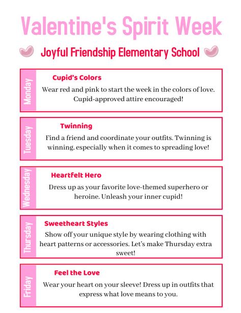 Valentine Spirit Week, Spirit Week Ideas, Week Template, Valentine 2024, Valentines Week, What Love Means, Activity Board, Spirit Week, Online Ads