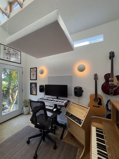 Photo 7 of 9 in A Creative Couple Give a Los Angeles Midcentury a Backyard Recording Studio - Dwell Bright Home Office, Office Music Room, Office Music, Home Music Rooms, Bright Home, Backyard Cottage, California Bungalow, Recording Studio Design, Home Recording Studio