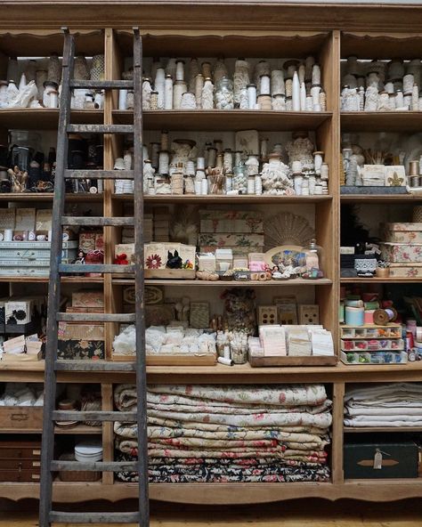 Our beautiful fully stocked haberdashery shelves in the shop.. Instagram: @lilypondgeelong Vintage Craft Room, Shabby Chic Craft Room, Sewing Room Inspiration, Haberdashery Shop, Artist Studios, Astier De Villatte, Sophie Digard, Dream Craft Room, Work Room