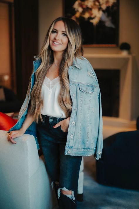 This amazing studded denim jacket paired with this cami from Apricot Lane Boutique is the perfect outfit for transitioning into fall! -Magen Reaves Studded Denim Jacket, Apricot Lane Boutique, Apricot Lane, Lace Trim Cami, Studded Denim, Fall Outfit, Perfect Outfit, Apricot, Talk About