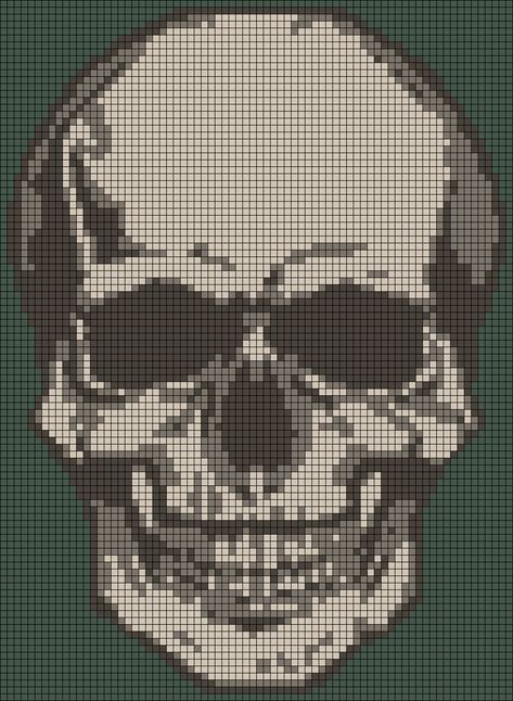 Skull Tapestry Crochet, Alpha Patterns Skull, Emo Alpha Pattern, Skull Pixel Art Grid, Pixel Patterns Crochet, Alpha Pixel Art, Knitting Grid Patterns, Skull Knitting Pattern, Tapestry Graph