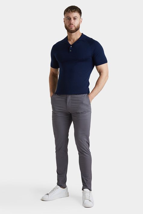 Muscle Fit Trousers - TAILORED ATHLETE - ROW Dark Grey Trousers Outfit Men, Grey Chinos Men Outfits, Grey Trousers Outfit Men, Grey Trousers Outfit, Grey Chinos Men, Trousers Outfit Men, Chinos Men Outfit, Chinos Men, Grey Chinos