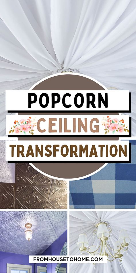 How To Cover A Popcorn Ceiling Without Removing It Cover Ceiling With Fabric, Cover A Popcorn Ceiling, Ceiling Alternatives, Installing Curtain Rods, Covering Popcorn Ceiling, Easy Diy Home Projects, Removing Popcorn Ceiling, Faux Tin Ceiling, Faux Tin Ceiling Tiles