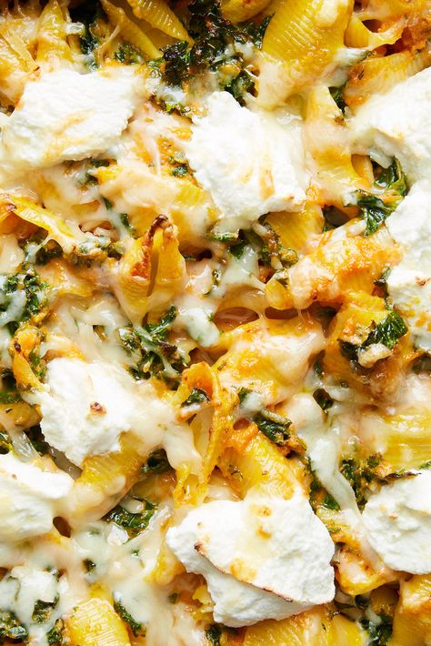 Cheesy Baked Pumpkin Pasta With Kale Recipe - NYT Cooking Cheap Fall Dinner, Pasta With Kale, Kale Recipe, Butter Steak, Pumpkin Pasta, Vegetarian Thanksgiving, Cheap Fall, Kale Recipes, Fall Dinner Recipes