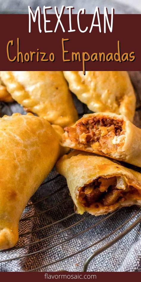 These authentic Mexican Chorizo Empanadas are stuffed with a spicy chorizo and potato filling then wrapped in a buttery, flaky, pastry. These make an excellent appetizer for game days or main dish for a weeknight dinner. This recipe is a must-save for all fans of Mexican and Tex-Mex food! Click through for all the details. Chorizo And Potatoes, Chorizo Recipes Dinner, Chorizo Empanadas, Pork Empanadas, Easy Empanadas Recipe, Potato Filling, Chorizo And Potato, Mexican Chorizo, Mexican Appetizers