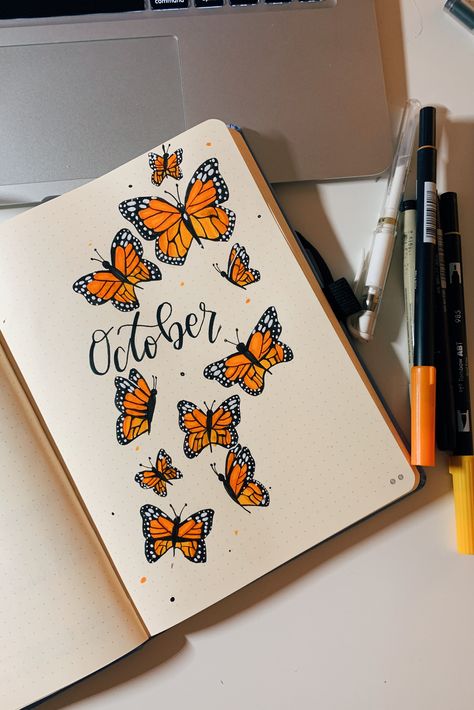 monarch butterfly themed cover page for my bullet journal! Butterfly Bullet Journal, Bullet Journal Month, Bullet Journal Page, Bullet Journal 2020, Bullet Journal Banner, Bullet Journal Cover Page, Bullet Journal Cover Ideas, Bullet Journal Notes, Bullet Journal Paper