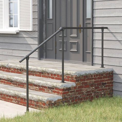 Inline Outdoor Simple Rail Handrail Kit | Simplified Building Railings For Steps, Concrete Front Steps, Exterior Stair Railing, Porch Handrails, Exterior Handrail, Stair Railing Kits, Outdoor Handrail, Outdoor Stair Railing, Wrought Iron Handrail