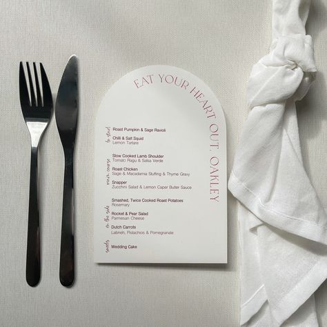 Menu & place card wrapped up in a pretty little arch, so versatile. Personalise every corner of your wedding stationery from colours and shapes to wording and fonts, true to who you are as a couple. #weddingmenu #weddingplacecard #archweddingmenu #personalisedweddingmenu #weddingstationery #weddingstyling #menuplacecard Pomegranate Wedding, Zucchini Salad, Lamb Shoulder, Slow Cooked Lamb, Pear Salad, Roast Potatoes, Roast Pumpkin, Butter Sauce, Salsa Verde