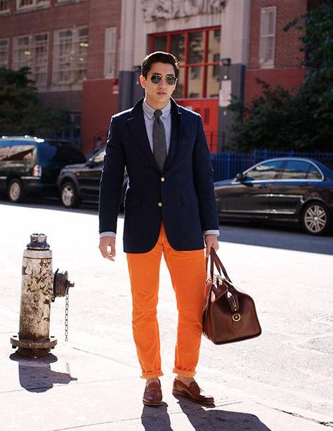 rockin' the Go To Hell Pants (the key is only one GTH item at a time) Blue Corduroy Pants Outfit, Mens Colored Pants, Orange Pants Outfit, Corduroy Pants Outfit, Classic Suits, Blue Corduroy Pants, Colorful Inspiration, Vegan Style, Pants Outfit Men