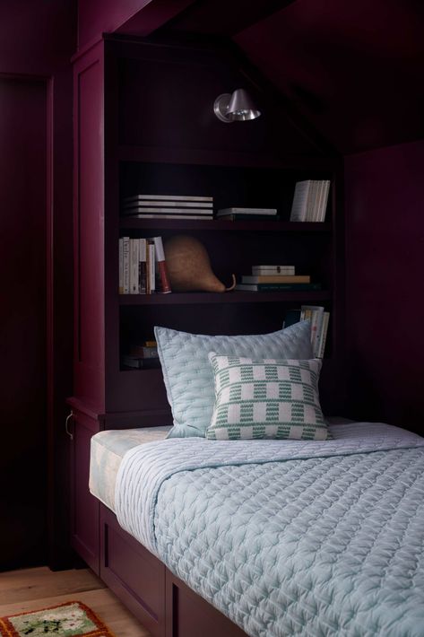 Aubergine Paint Color, Aubergine Paint, Relaxed Home, Bed Nook, Modern Counter Stools, Oak Chair, Family Of Five, North Carolina Homes, Farrow And Ball