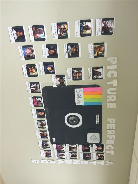 Polaroid bulletin board! Polaroid Display Ideas Classroom, Classroom Polaroid Ideas, Bulletin Board Polaroid, Camera Bulletin Board, Polaroid Bulletin Board Ideas, Camera Bulletin Board Ideas, Polaroid Wall Classroom, Polaroid Classroom Ideas, Memory Bulletin Board