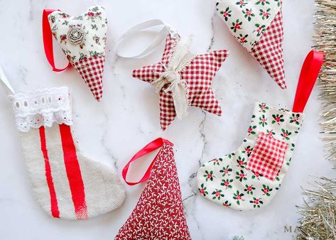 DIY Homemade Christmas Decorations to Sew (Free Patterns) - Makyla Creates Handmade Christmas Sewing Patterns, Fabric Tree Decorations, Christmas Tree Decorations Sewing, How To Sew Christmas Ornaments, Handmade Sewn Christmas Gifts, Christmas Tree Sewing Pattern Free, Super Simple Sewing Projects, Christmas Fabric Crafts To Sell, Fabric Christmas Ornaments Patterns Free