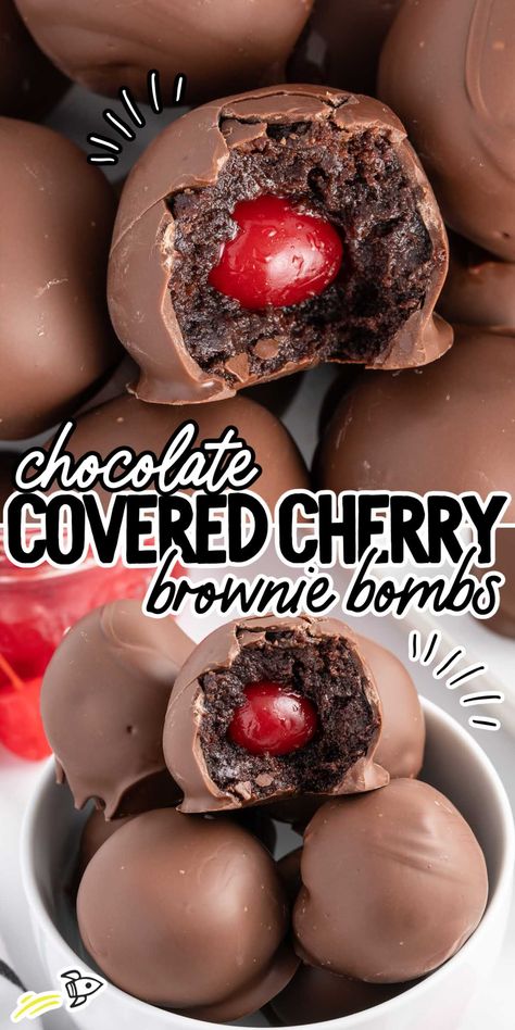 Chocolate Covered Cherry Brownie Bombs Chocolate Covered Cherries Recipe, Whipped Chocolate Frosting, Cherry Brownies, Chocolate Covered Cherry, Brownie Truffles, Cherry Desserts, Chocolate Covered Treats, Chocolate Covered Cherries, Candy Recipes Homemade