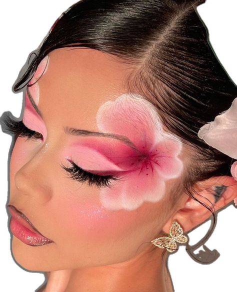 Flower Art Makeup, Fairytale Makeup Ideas, Cute Flower Makeup, Complex Makeup Looks, Tropical Eyeshadow Looks, Kiss Mark Makeup, Unique Makeup Looks Fun, Unique Makeup Looks Creative, Floral Makeup Looks