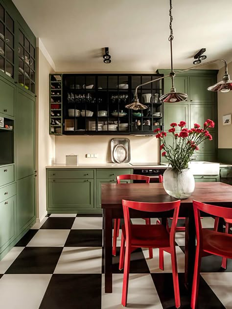 Studio Kitchen, Red Kitchen, Green Interiors, Green Kitchen, Küchen Design, Kitchen Flooring, New Kitchen, Kitchen Interior, Home Interior