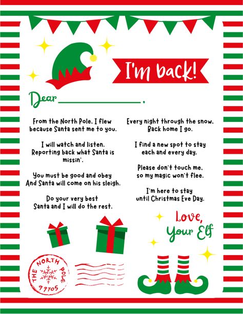 Elf On Shelf Letter, Elf Letters Printable, Elf Is Back Ideas, Welcome Back Letter, Elf Notes, Elf On The Shelf Arrival, Paper Napkin Folding, Elf Letters, Awesome Elf On The Shelf Ideas