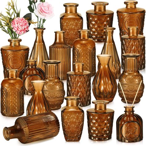 PRICES MAY VARY. Rich in Quantity: this package comes with 20 pieces of small centerpiece vases in 10 styles, the quantity is sufficient to meet your home decoration needs, you can also share them with others; Each vase is firmly wrapped in the thick boxes to avoid breakage in transit Retro Design: the glass vases for centerpieces are decorated with etching patterns, look retro and elegant, they will become the delicate centerpieces for the window, dining or wedding table Easy to Store and Displ Fall Wedding Ideas Table Decor, Terracotta And Black Wedding Table Settings, Brown Glass Centerpiece, Fall Wedding Guest Table Ideas, Moon Wedding Centerpieces, Vintage Centerpiece Wedding, Marriage Planning, Vintage Fall Wedding, Etching Patterns