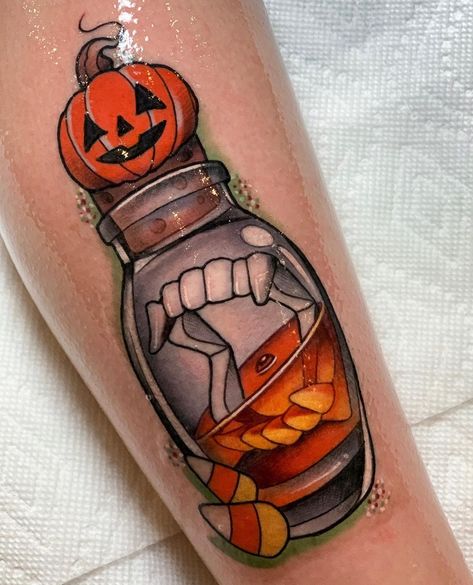 Tattooartcoryc on Instagram: “🎃 Thanks for logging in, you have received 1x "Spirit of Halloween" potion. 🎃 What is your favorite Halloween candy? . More potion bottles…” Halloween Shin Tattoo, Nola Inspired Tattoos, Horror Cute Tattoo, Neotraditional Horror Tattoo, Halloween Aesthetic Tattoo, Halloween Shoulder Tattoo, Horror Inspired Tattoos, Spooky Halloween Tattoos, Spooky Filler Tattoo