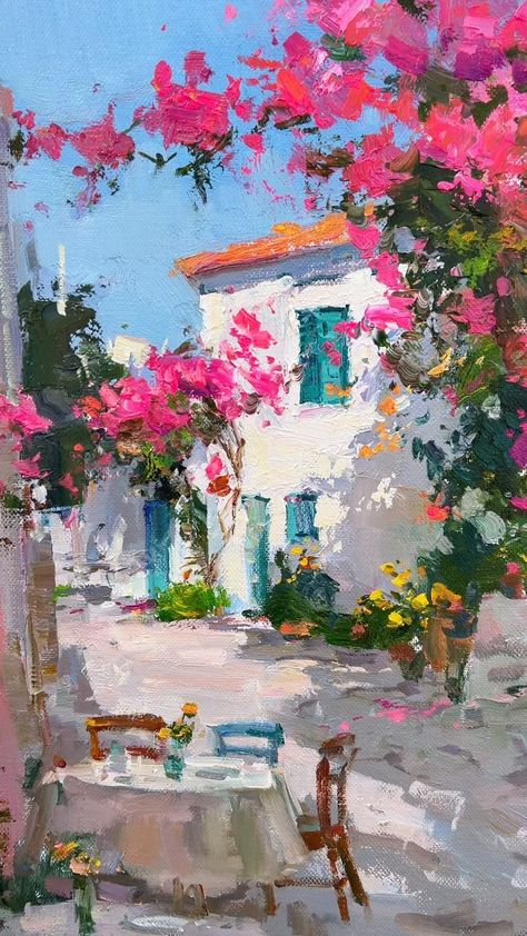 ARTIST 🎨 OIL PAINTING 🎨 TAALAY (@taalay_art) • Instagram photos and videos Impressionistic Art Paintings, Oil Paint Drawings, Greece Landscape Painting, Taalay Art, Impressionism Art Landscape, Hotel Painting, Spain Painting, Art Ideas Painting, Abstract Buildings