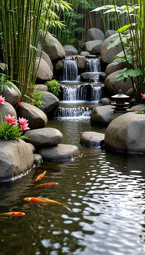 Japanese zen garden and koi fish - AI creation Koi Fish Pond Aesthetic, Fish Pond Aesthetic, Steampunk Pictures, Japanese Koi Pond, Pond Aesthetic, Yoga Tattoos, Japanese Zen Garden, Zen Moments, Zen Gardens