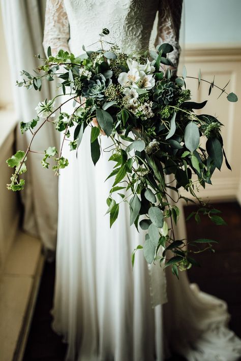 Cascading bouquet with foliage and white flowers.  Winter wedding, classic green & white wedding inspiration.  See the full supplier list on the blog, link below. Flowers Winter Wedding, Greenery Wedding Bouquet, Flowers Winter, Green Wedding Inspiration, Cascading Bouquet, Forest Theme Wedding, Winter Wedding Bouquet, Enchanted Forest Wedding, Flowers And Greenery