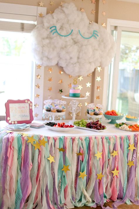 Cloud Dessert, Sleepover Fun, Cloud Party, Girls Birthday Party Decorations, 9th Birthday Parties, Birthday Table, Sleepover Party, Karas Party Ideas, Girl Birthday Party