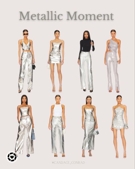 Metallic Outfits, Silver Pants, Skirts and Shirts. White And Metallic Outfit, Silver Glitter Outfit, Mixed Metals Outfit, Metallic Festival Outfit, Metallic Outfit Ideas Party, Silver Costume Ideas, Silver Corset Outfit, Silver Outfit Party, Metalic Outfits Ideas