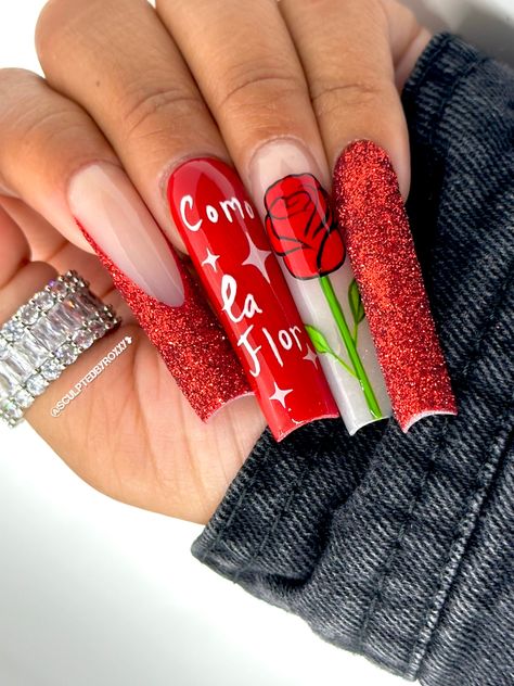 Como la flor #rednails #glitternails #nailart #frenchtipnaildesigns Selena Nails Quintanilla, Selena Quintanilla Nails, Selena Nails, French Tip Nail Designs, Selena Quintanilla Perez, Inspired Nails, Red Nail, Selena Quintanilla, Red Nails